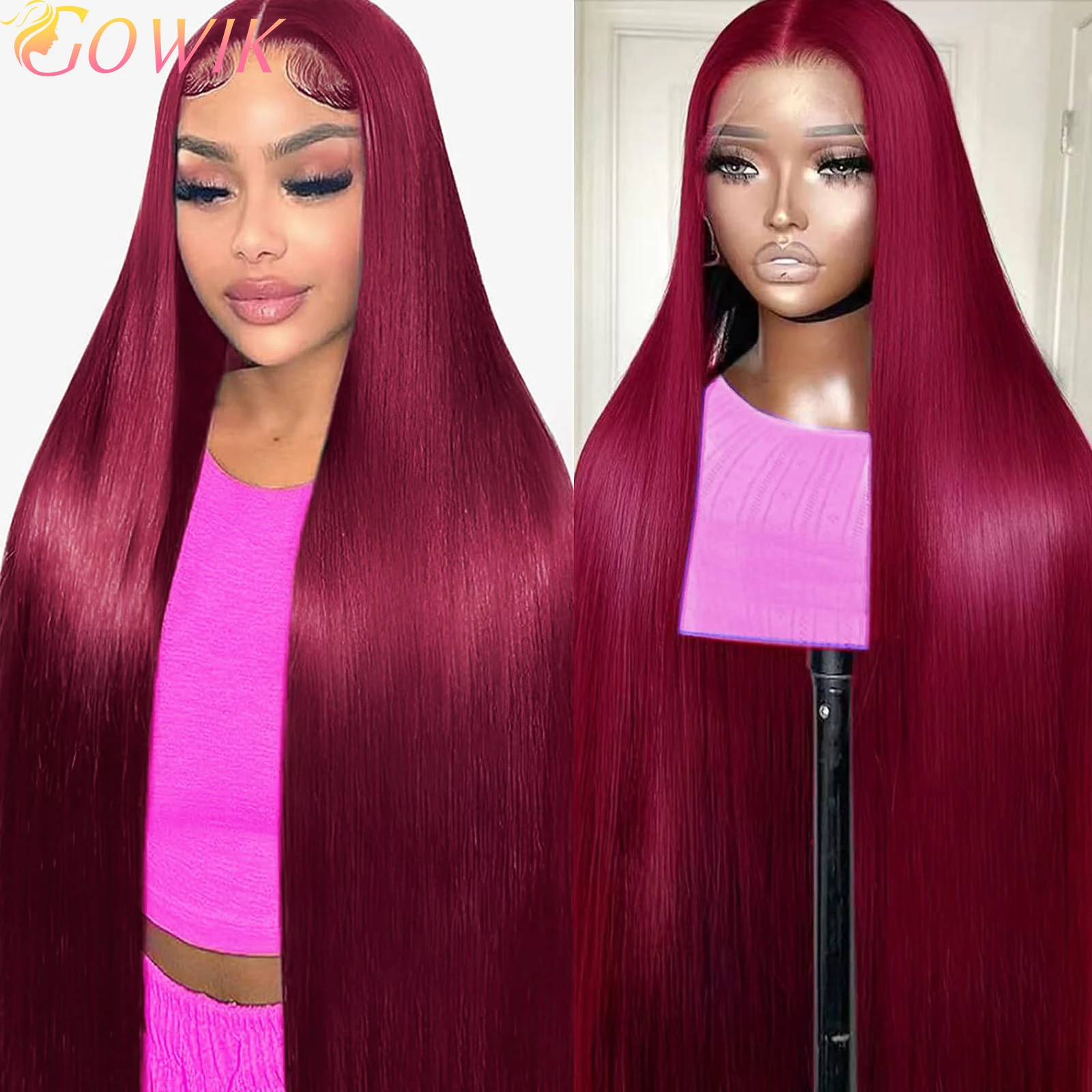 

40 Inch 99j Burgundy Straight Lace Front Human Hair Wig 13x6 Lace Frontal Wigs HD Transparent Lace Colored Red Wig For Women