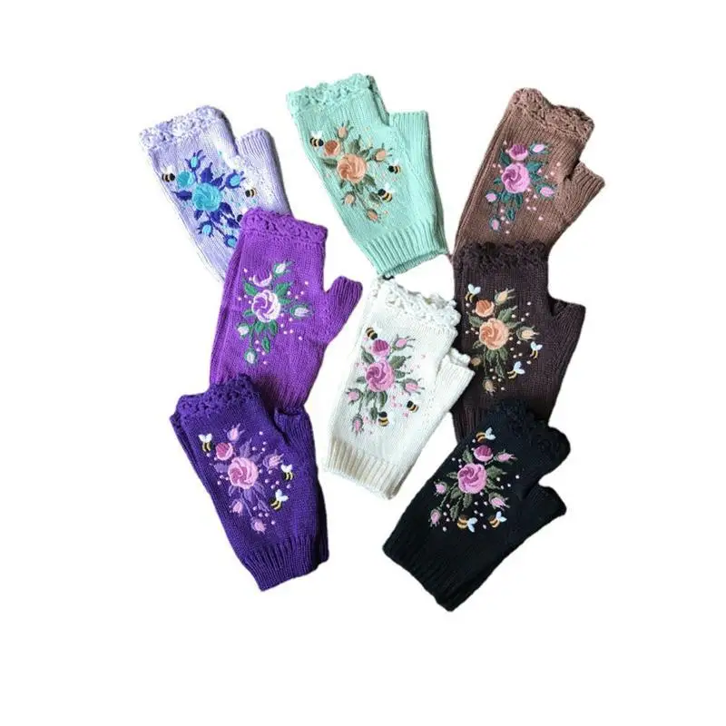 Niedliche Vintage-Handschuhe mit Stickerei, gestrickt, Bienenmuster, halbe Finger, fingerlose Handschuhe, koreanischer Stil, warme Winter-Wollhandschuhe, für den Außenbereich – Detail 20