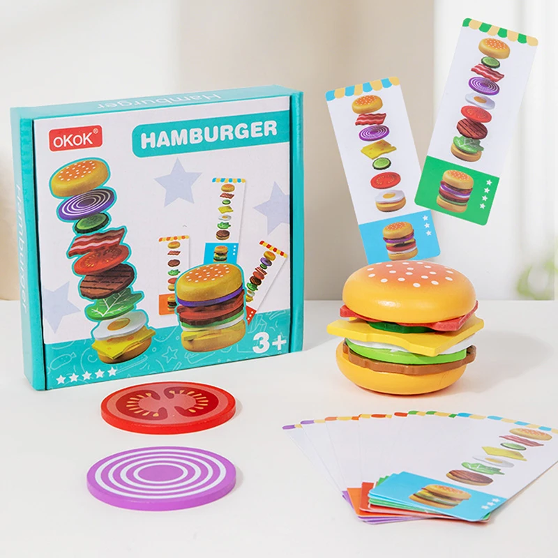 Montessori Wooden Hamburger Pretend Play Toy Educational Simulation Food Matching Stacking Game With Cards For Kids 2 Years Gift