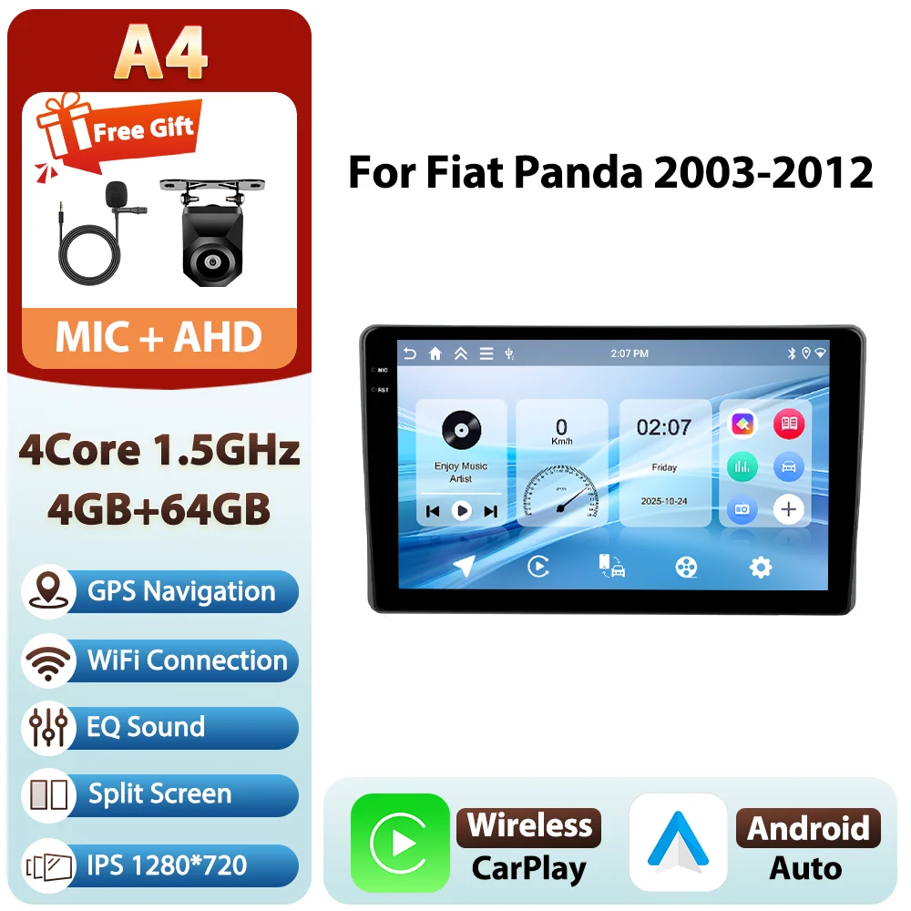Podofo Android 9 inch 8-core 8+128GB autoradio voor Fiat Panda 2003-2012 met 4G WIFI, multimediaspeler, GPS, AM/FM/RDS