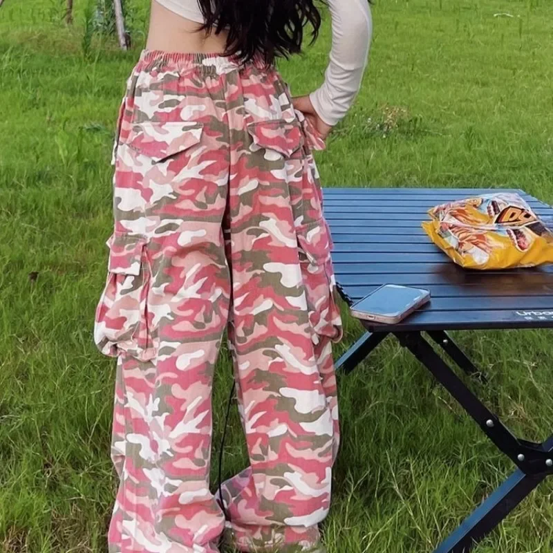 Spring Girls' Jazz Dance Performance Costume Pink Camo Cargo Pants with Stretch Fabric Kids' Stage Outfit for Dance Team Shows
