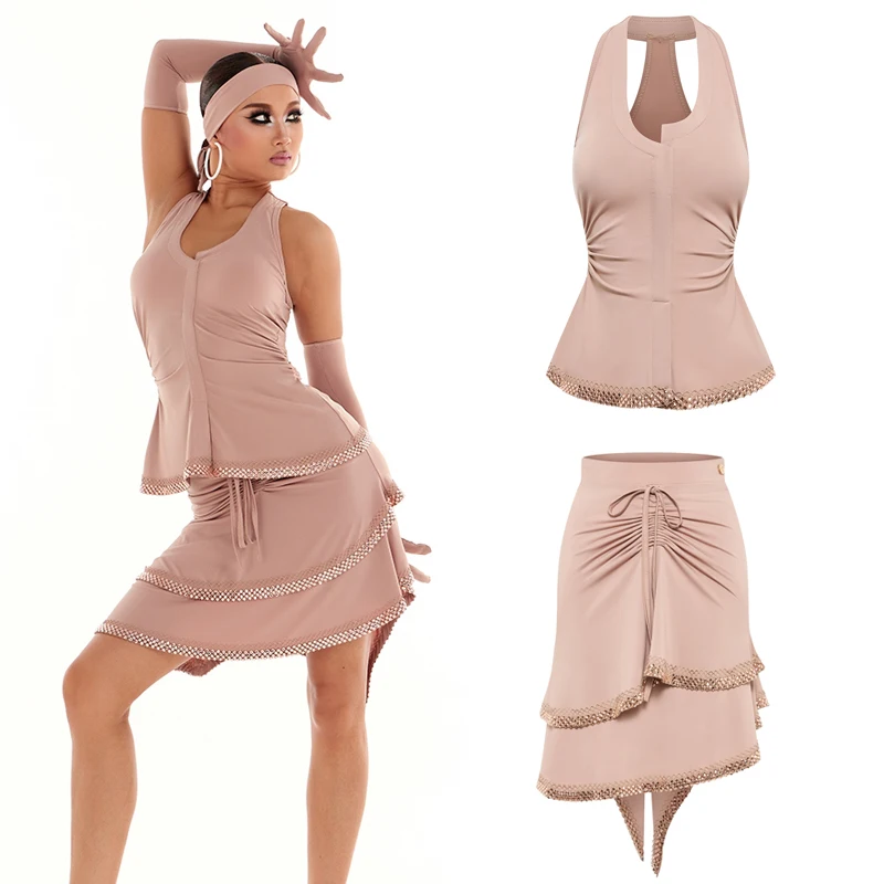 

Топ без рукавов для латинских танцев, нерегулярные юбки, женские костюмы для бальных танцев, костюмы для взрослых, румба, самба, костюмы для латинских танцев SL13834