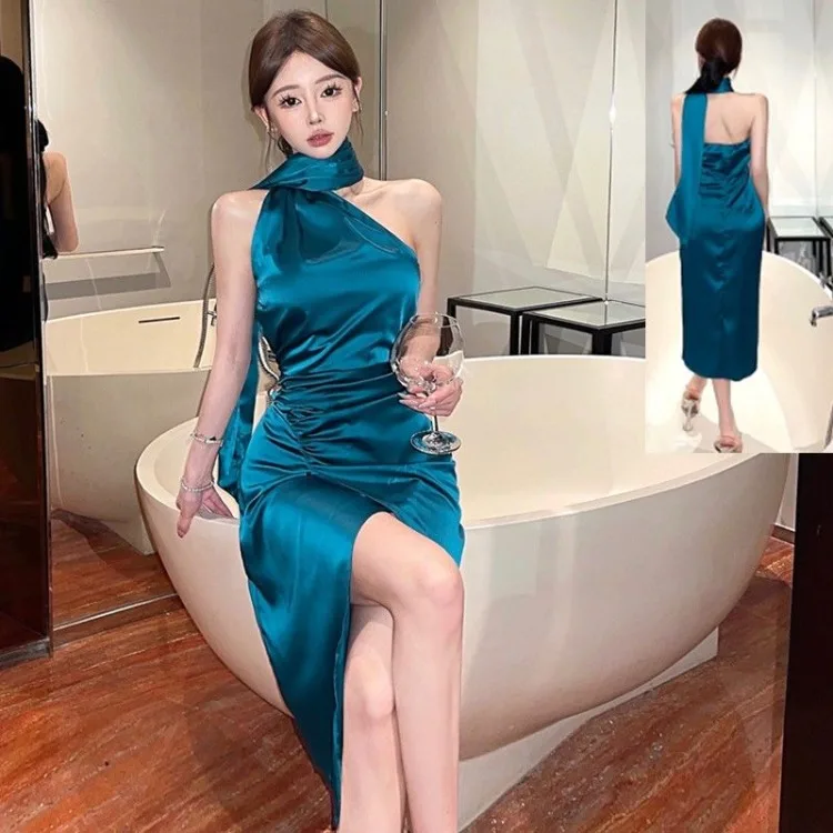 Korejepo French Temperament Socialite Dresses Elegant Satin New Halter Sexy Slim Split Dress Light Mature Style Vestido 2024