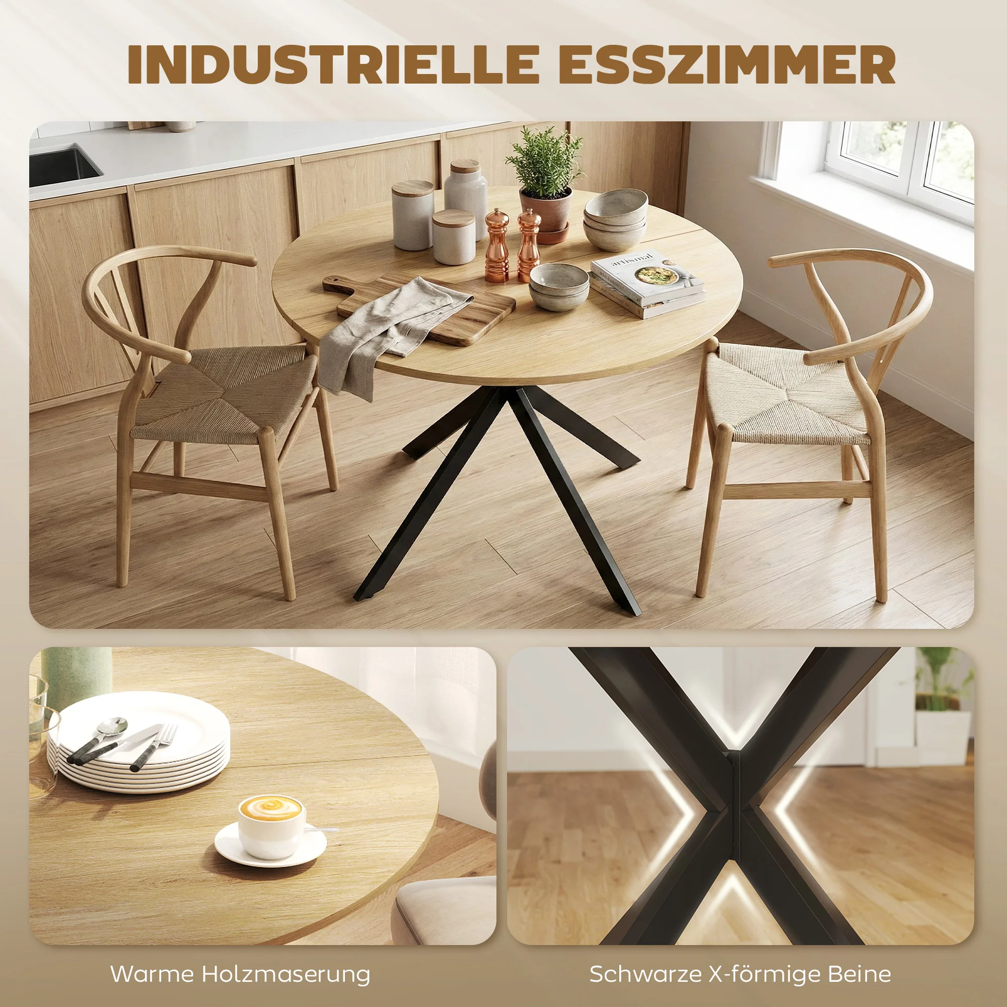 Afbeelding 5: Ronde eettafel voor 4 personen, keukentafel in industriële stijl met stalen poten, voor eetkamer, keuken, eikenhout