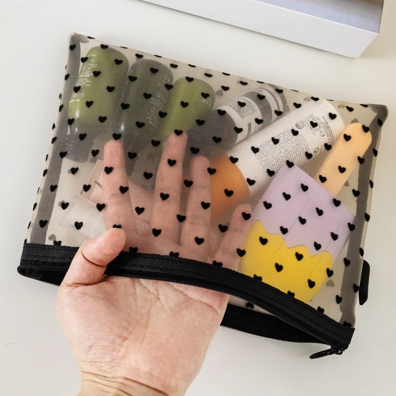 新しいハートメッシュ化粧バッグ女性女の子化粧品バッグオーガナイザー旅行ポータブルウォッシュ口紅トイレタリー生理用ナプキン収納袋