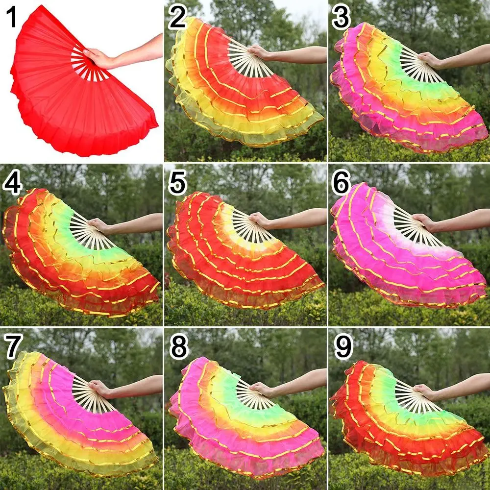 New Chinese Short Bellydance Fan Half Circle Silk Veil Pairs Yangko Dance Bamboo Fans Hand Dye Adults Hot Sell