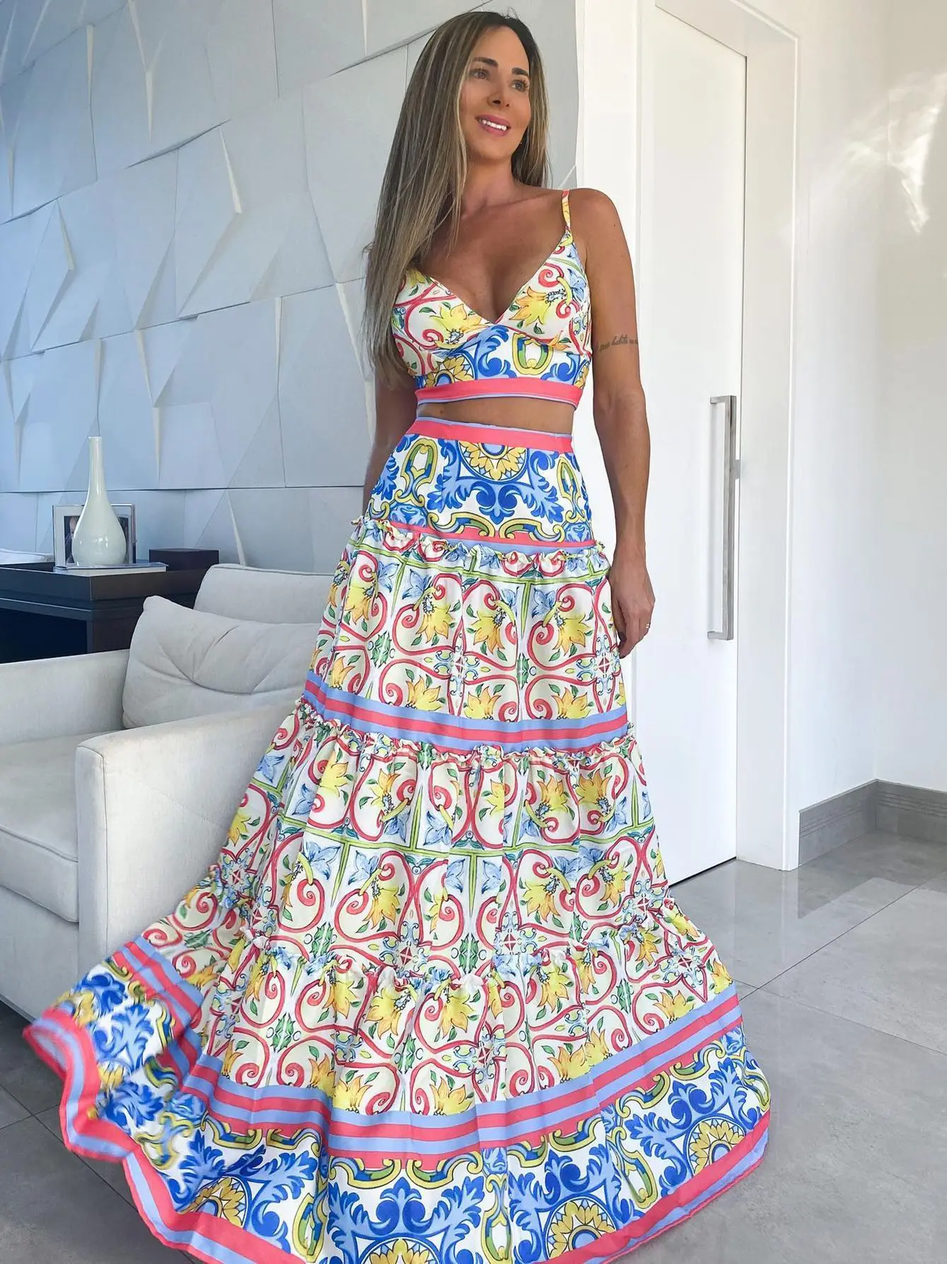 New In Dresses Sexy V Neck Strape Elegent Long Dress For Women 2023 Printed 2Pces Set Beach Cover Ups Beachwear Clothing Outfits