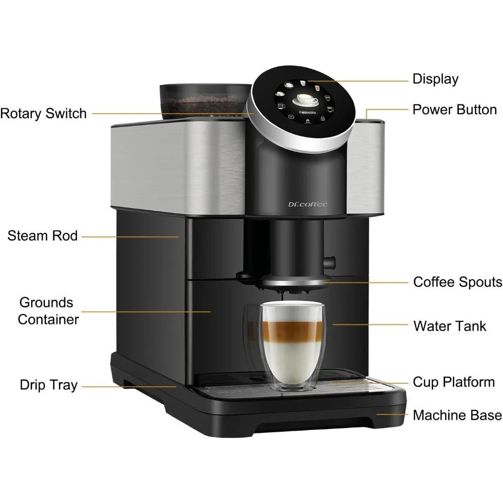 Fully Automatic Coffee Machine, Coffee Maker With Milk Frother, Detachable Water Tank and Bean Hopper