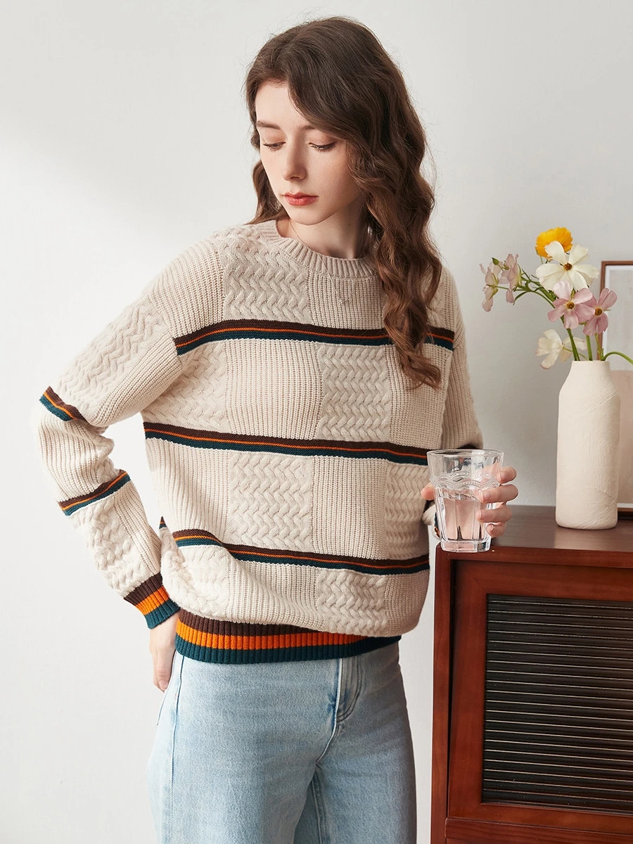 

Женский вязаный шерстяной свитер Cboca с круглым вырезом, в полоску, с цветовыми блоками, осенняя новинка, утолщенный, с длинными рукавами, свободного кроя