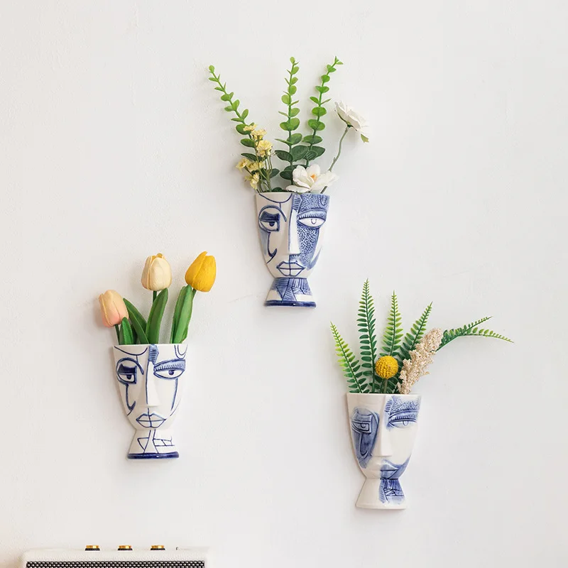 14cm Wall Hanging Ceramic Vase Abstract Face Planter Desktop Flower Pot Nordic Table Mount Living Room Art Decor Home Decoration