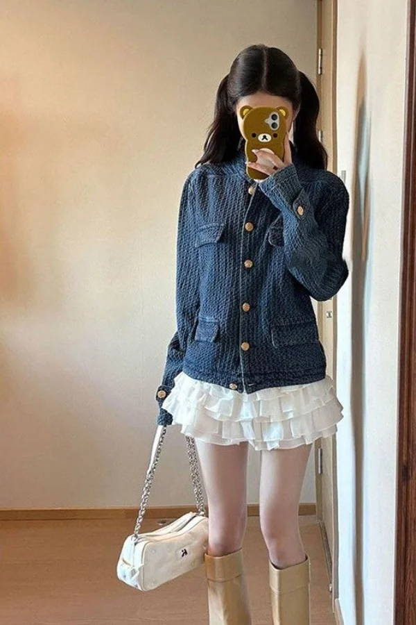 American Retro Blue Texture Denim Jacket Women's Spring and Autumn Loose High-end Stand-up Collar Jacket Top
