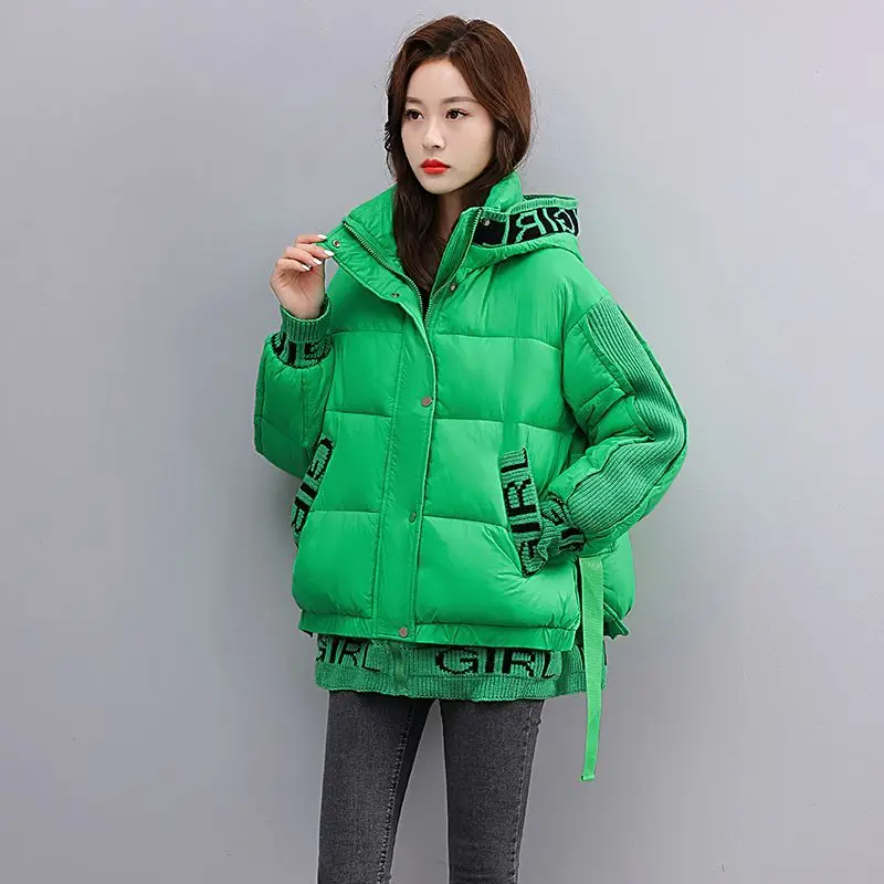 

Winter New Women's Down Cotton Jacket Commuter Splicing Letter Knitted Hooded Jacket