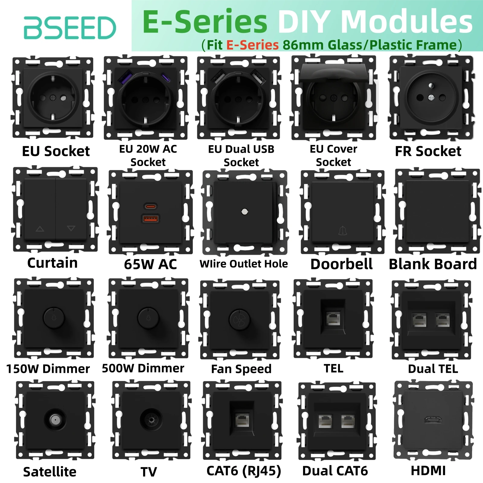 Bseed E Series DIY Moudles 20W EU FR Type-C USB Socket Part Dimmer Speed Roller Switch ST TV RJ56 CAT6 Wire Outlet Hole Part