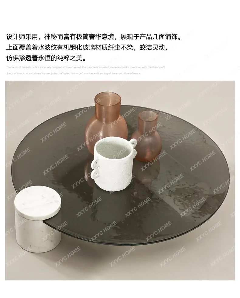 YYJ X High-end Water Ripple Coffee Table Wabi Sand Wind Gray Glass Bubble Surface Round Marble   Creative Glass Round Table