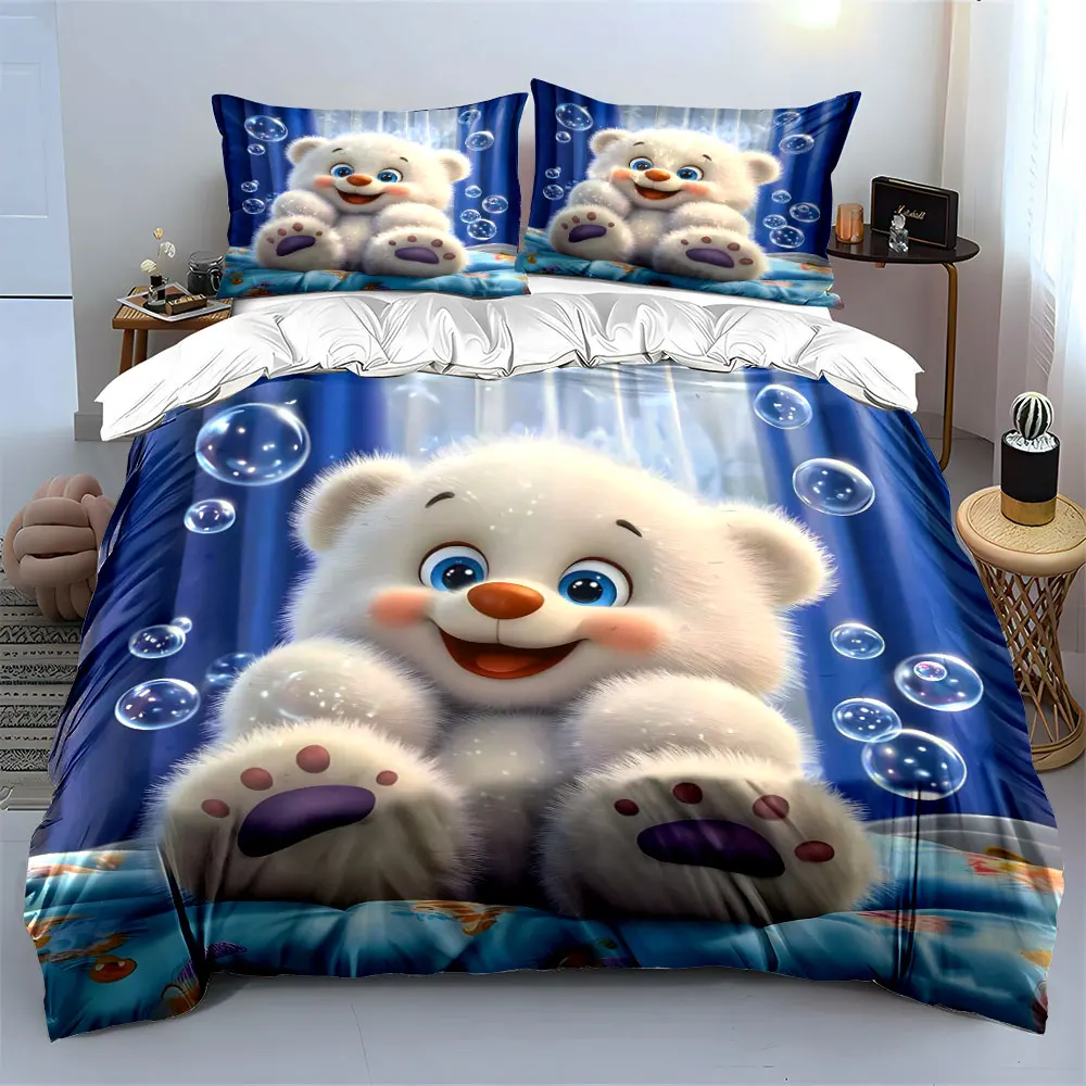 Cute White Teddy Bear with Bubbles Duvet Cover Set with 3D Printing Design Soft Polyester Bedding Set All-Season Comfort