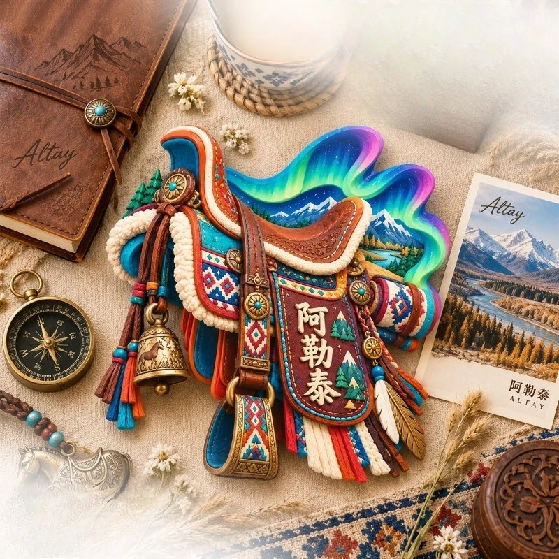 Altay Saddle Aurora Fridge Magnet - Nomadic 3D Xinjiang Souvenir Unique Northern Gift for Travel & Cultural Decor