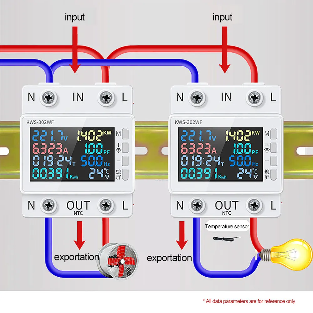 KWS-302WF Digital Energy Meter 0-9999KWH Multifunction Din Rail Power Meter KWH Meter AC170-300V LED Display Voltage Ammeter