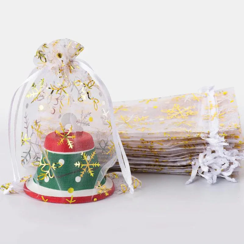 100pcs Snowflake Mesh Gift Bags Christmas Wedding Jewelry Storage Candy Packaging Bags Eco-Friendly Decorative Gift Wrapping