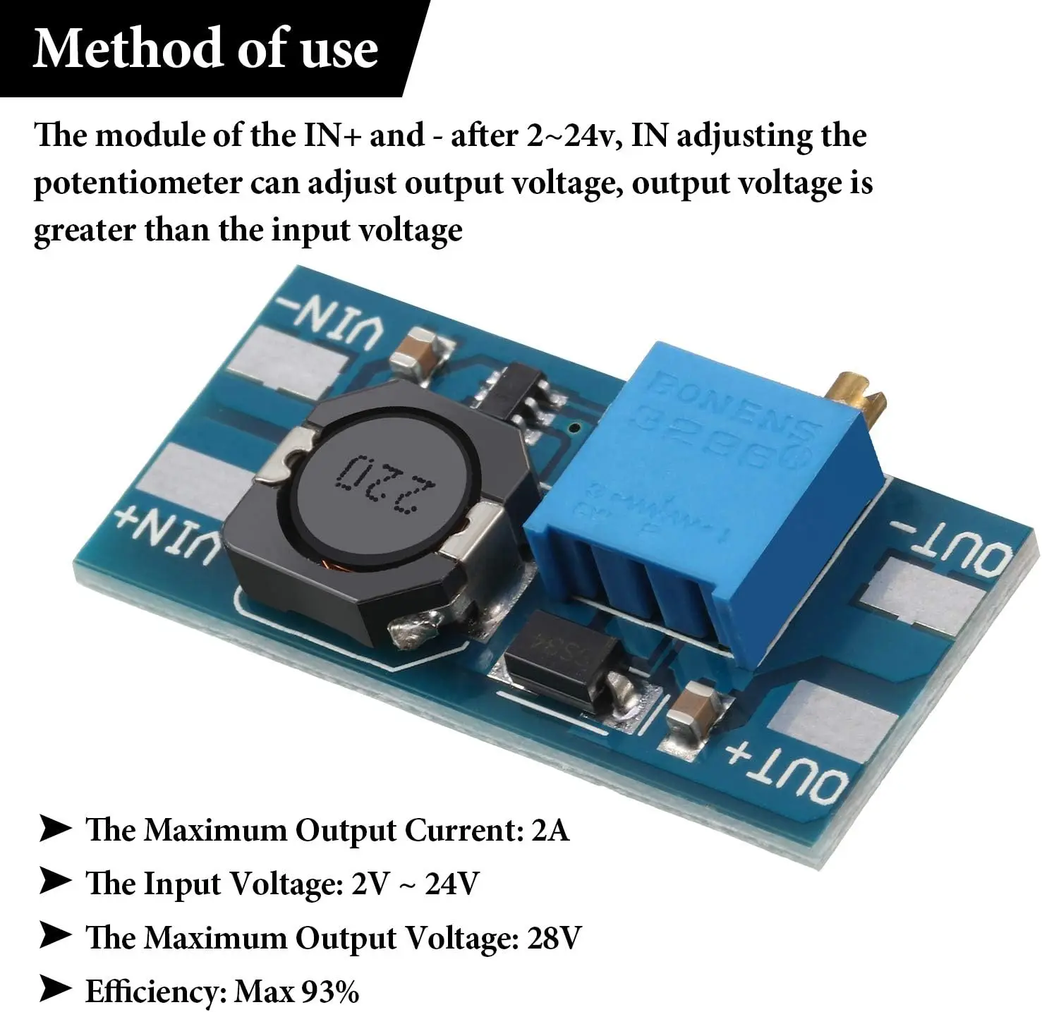 MT3608 DC-DC Step Up Boost Power Converter - 2A Module, Adjustable Step Up Voltage Regulator Board - 2-24V to 5V-28V Output