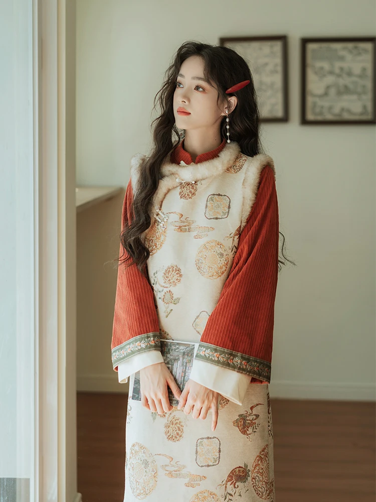 

Ele Red Qipao Dr Set by Ji Yunhe Wall Snow Осенне-зимний китайский Sle Long Sve с низким разрезом, повседневная одежда, полиэфирная ткань