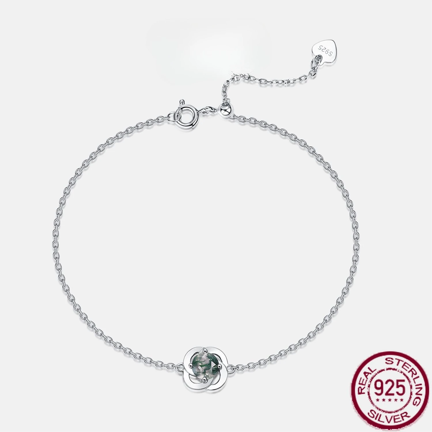 

New S925 pure silver flower natural green moss stone water grass agate bracelet simple and luxurious niche wedding jewelry