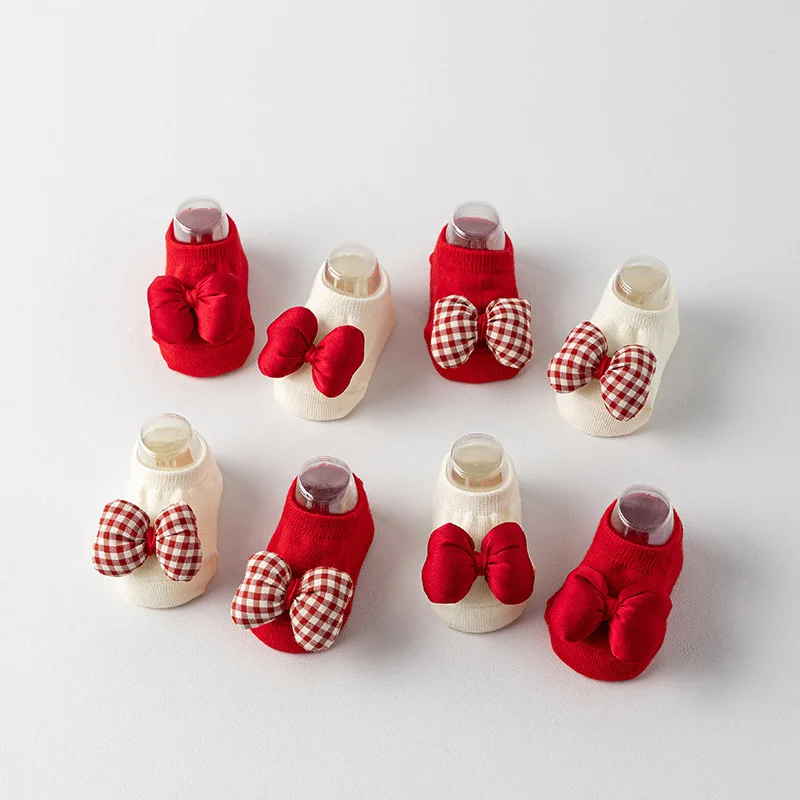 Baby Red Christmas Socks Bow Toddler Boat Socks Solid Cotton Short Sock 0-3Year Kids Rubber Bottom Anti-slip Floor Sock New Year