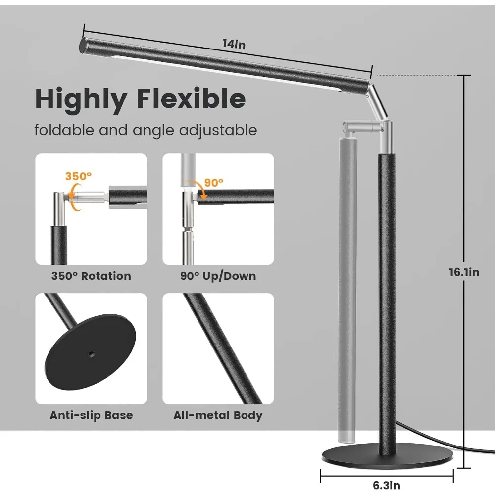 16 Inch Adjustable Metal LED Desk Lamp, 15W 1200 Lumens Bright Modern Tall Reading Light, Black Eye-Care Table Lamp for Home Office Study - view 3