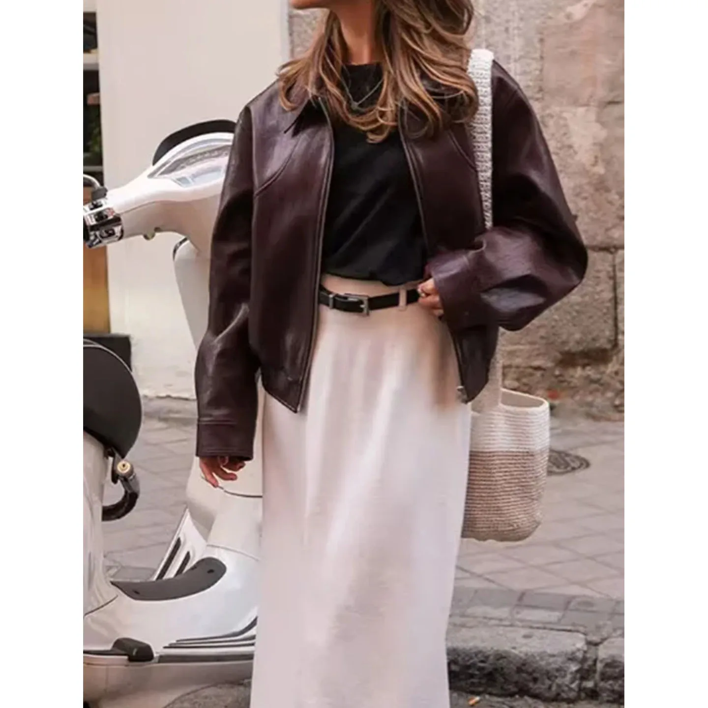 Autunno 2025 Cappotto da moto americano da donna con risvolto lungo Sve mat in pelle artificiale sciolto ort Jaet