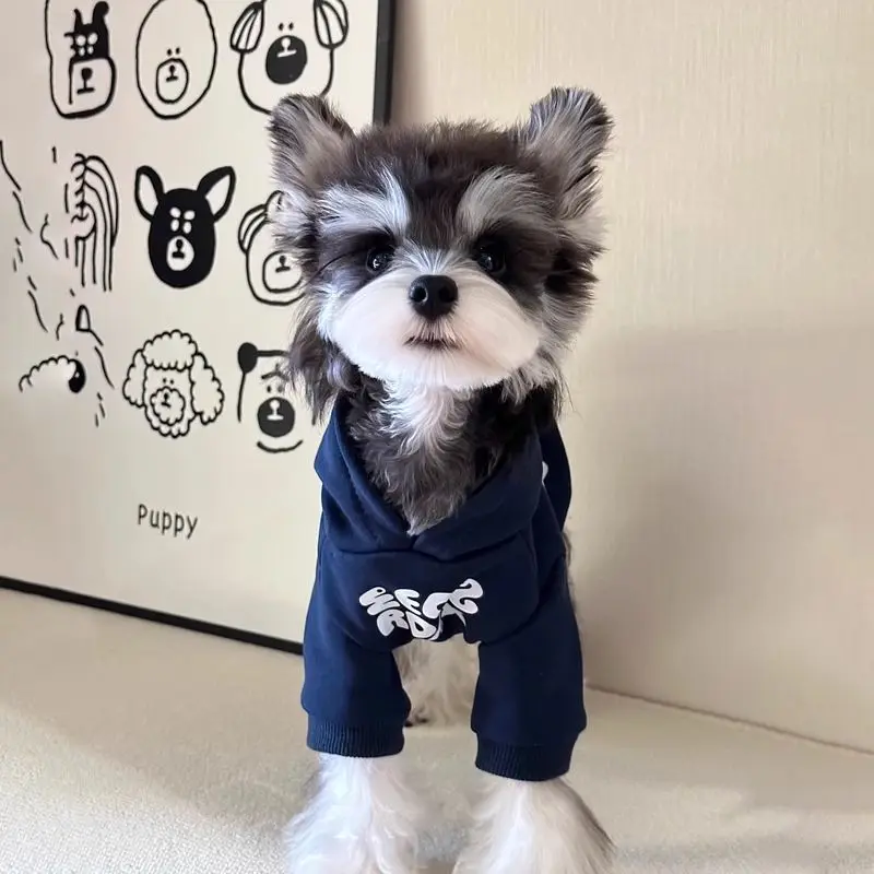 Navy Blue Hoodie Dog Clothes Letter Print Design Simple Small Dogs Clothing Cat Fashion Comfortable Warm Pet Items Wholesale