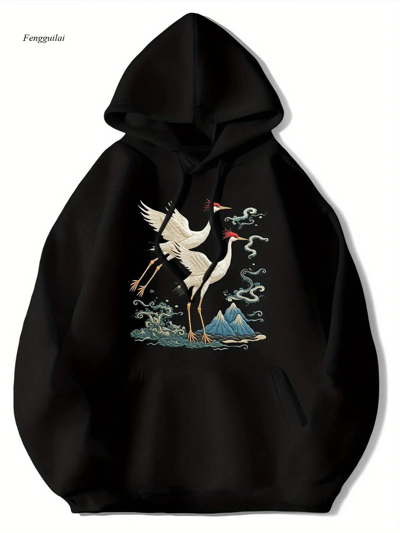 전통 아시아풍 후드티 - 레드크라운 크레인(붉은 왕관 백조)이 있는 블랙 풀오버 스웨트셔츠, 사계절용 플리스 후드티