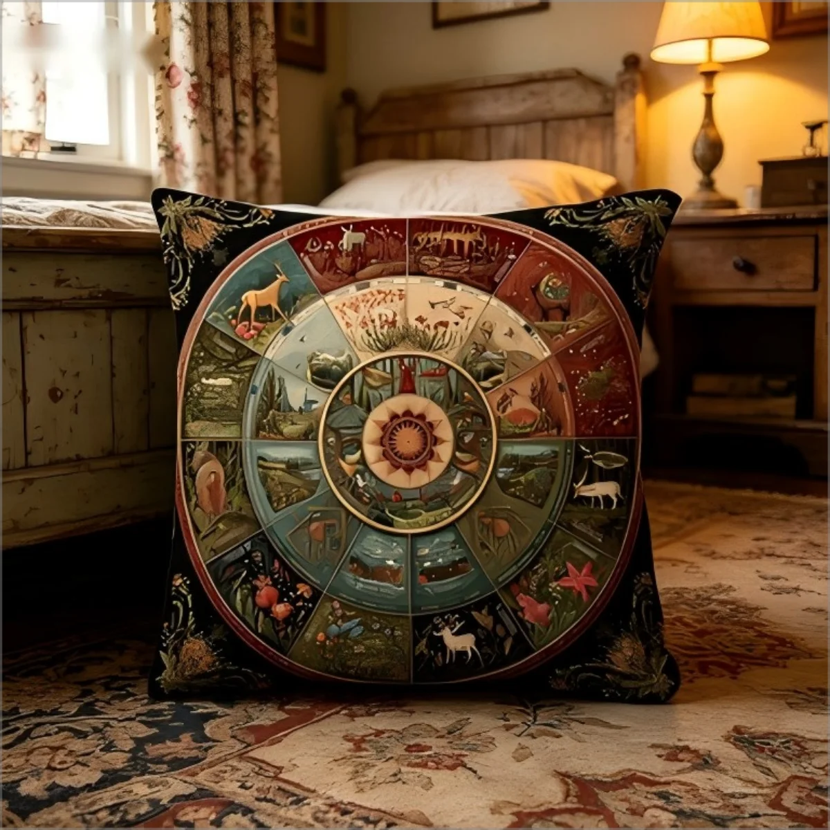 Vintage Wheel of the Year Print Throw Pillow Cover, Mystical Folk Art Botanical Zodiac Decorative Cushion