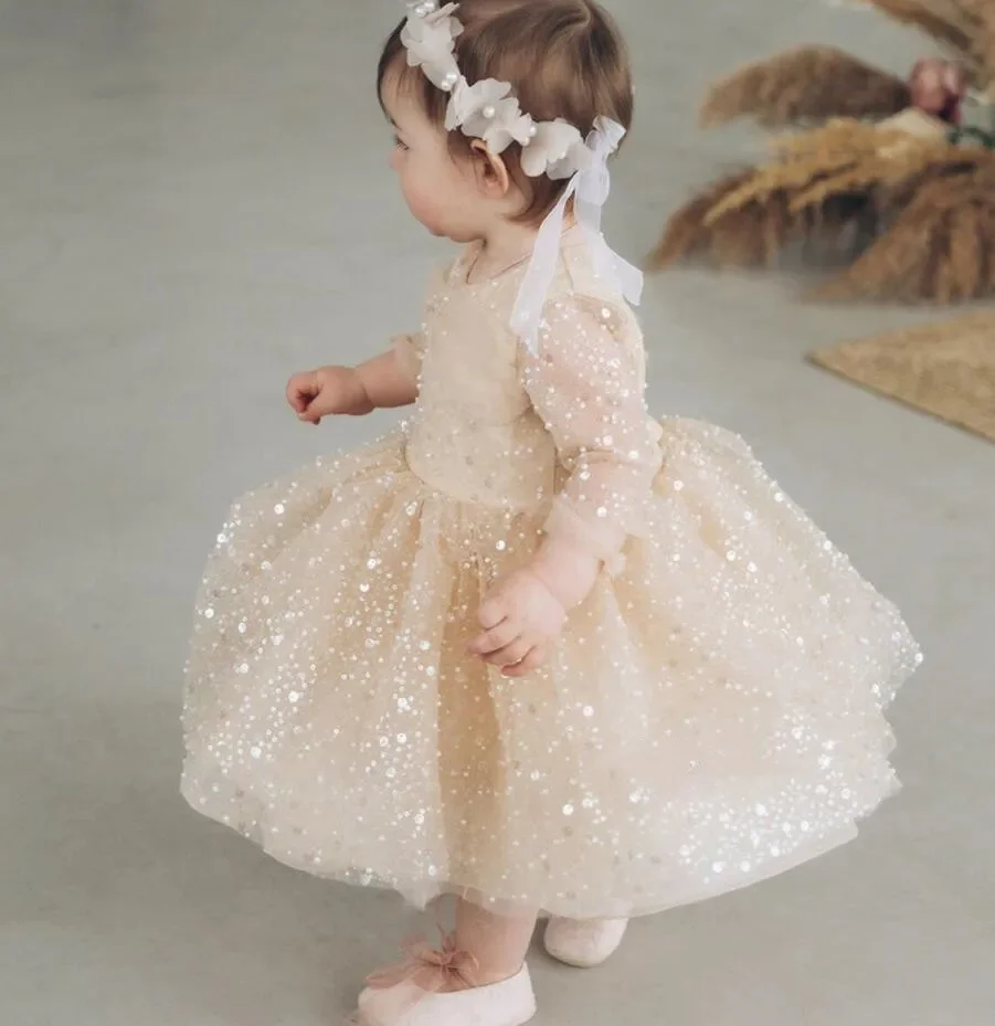 Champagne Flower Girl Dresses Pageant Gown for Wedding Sequins Knee Length Birthday Gowns for Party First Communion Gowns