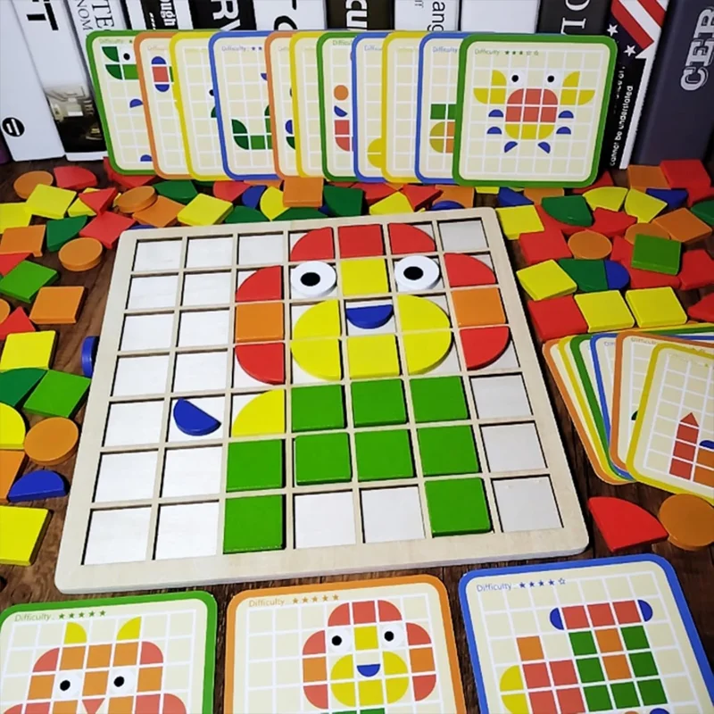 木製パターンブロックセット 120ピース 幾何学的形状パズル クラシックモンテッソーリ タングラムおもちゃ 高齢者と子供向けパズルゲーム