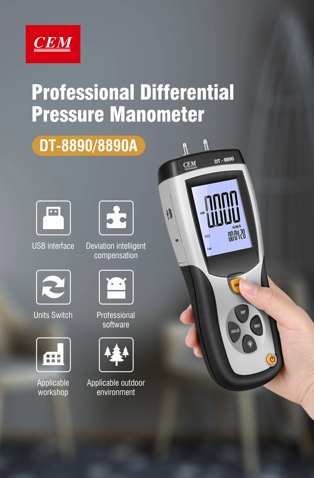 CEM DT-8890 High Resolution & Accuracy Differential Pressure Manometer 11 Selectable Units Of Measurement Optional USB software