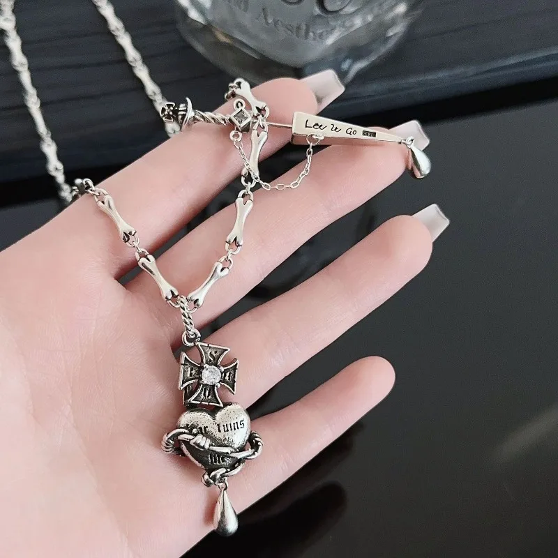 Silver Plated Cross Intertwined Heart Pendant NecklaceMinimal Dark Gothic Style Can Be Worn AsEar Jewelry DaintyLuxury Accessory