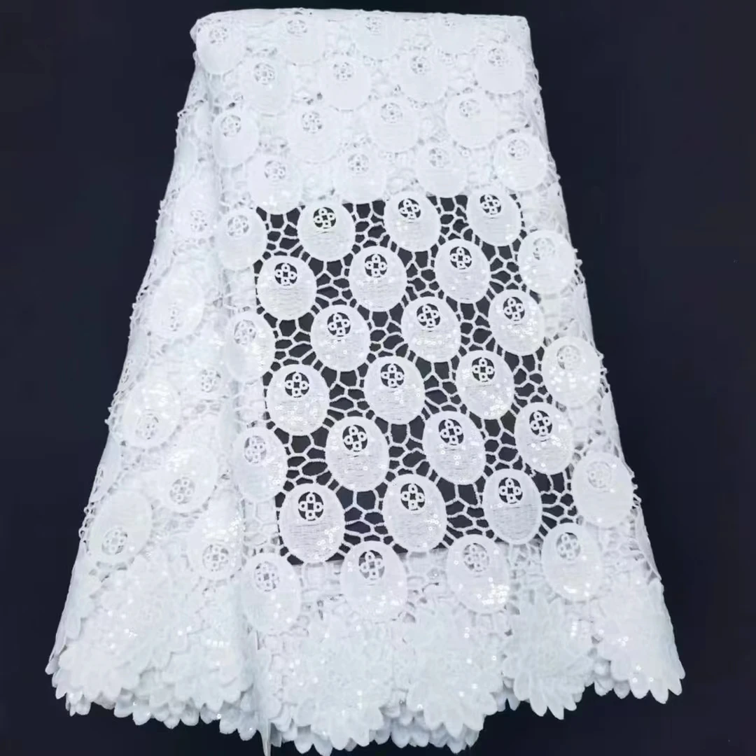 

2023 Latest White African Sequins Cord Lace Fabric French Nigerian Water Soluble Lace Fabric For Wedding Party Dress KDP23222