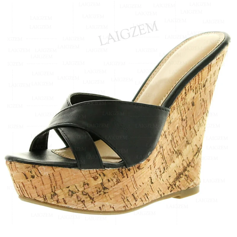 

BERZIMER Women Pumps Platform Wedges Faux Leather Open Toe Faux Leather Sandals Cork Print Shoes Woman Large Size 41 45 48