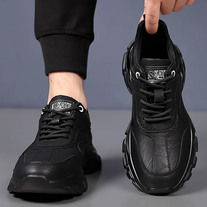 Spring Autumn Platform Casual Sneakers for Men Fashion Soft-soled Men's Leather Shoes Designer Black Non-slip Running Shoes Male