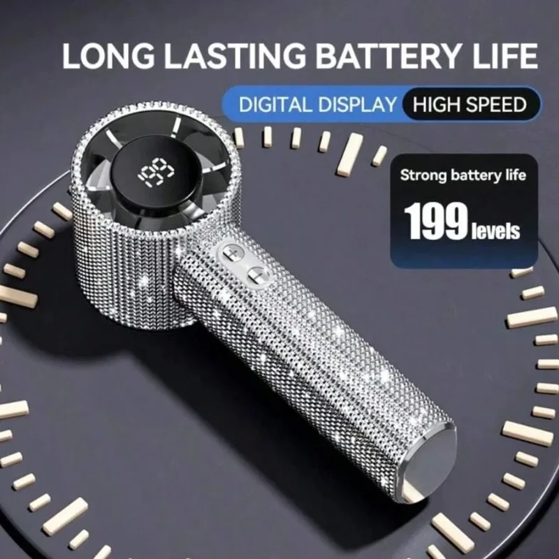 Rhinestone Handheld Fan 199 Speeds Turbo Wind,Digital Display Type-C Rechargeable Quiet Portable Cooling Fan for Outdoor Travel image 3