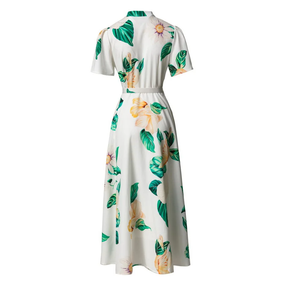 ヨーロッパとアメリカの婦人服 2025 夏の新スタイル半袖スタンドカラー花柄プリントベルトプリーツドレス