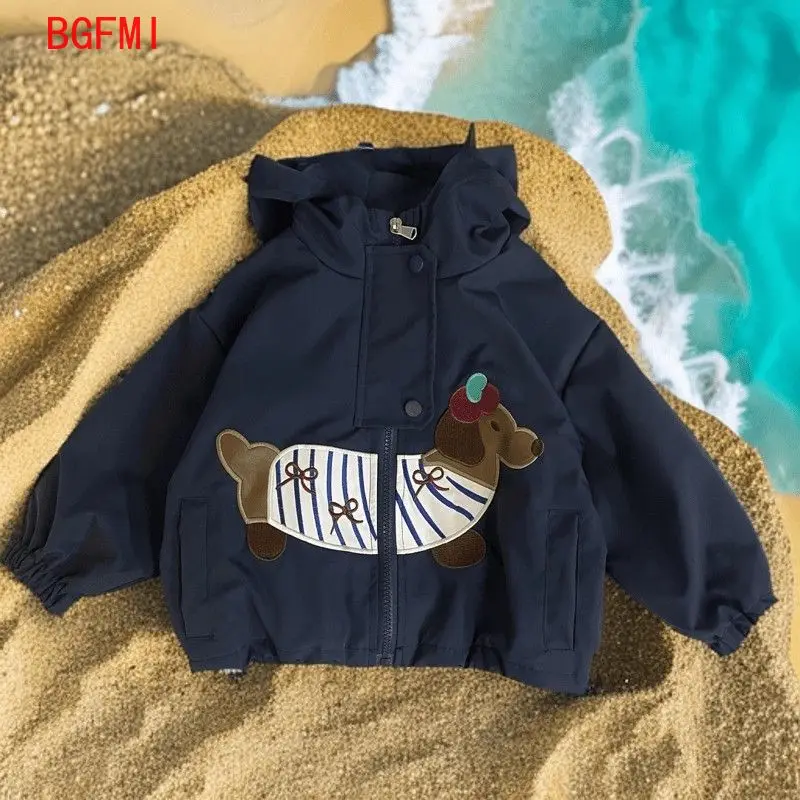 

2025 Spring Autumn New Boys & Girls Navy Outdoor Hooded Coat Fashion Cartoon Dog Hooded Windbreaker Korean Version Casual Jacket
