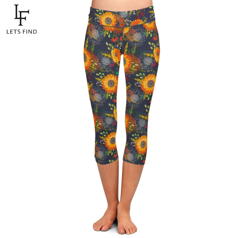 LETSFIND 2021 New 3D Watercolor Sunflower Digital Print Capri Leggings  Women High Waist Elastic Silm Leggings