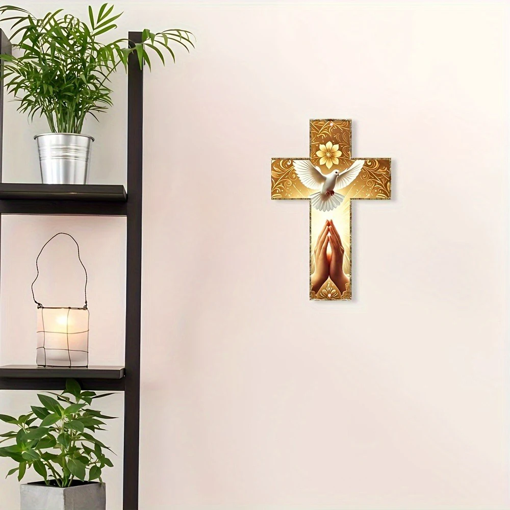 2D 1pc Vintage Metal Cross Wall Hanging with Dove and Praying Hands, Suitable for Religious Home Decor in Living Rooms, Churches