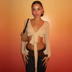 Tuularose V Neck Bandage Top Women New Sexy Hollow Twist Long Sleeve Pullover Summer Patchwork Y2k Party Streetwear Lady T-Shirt