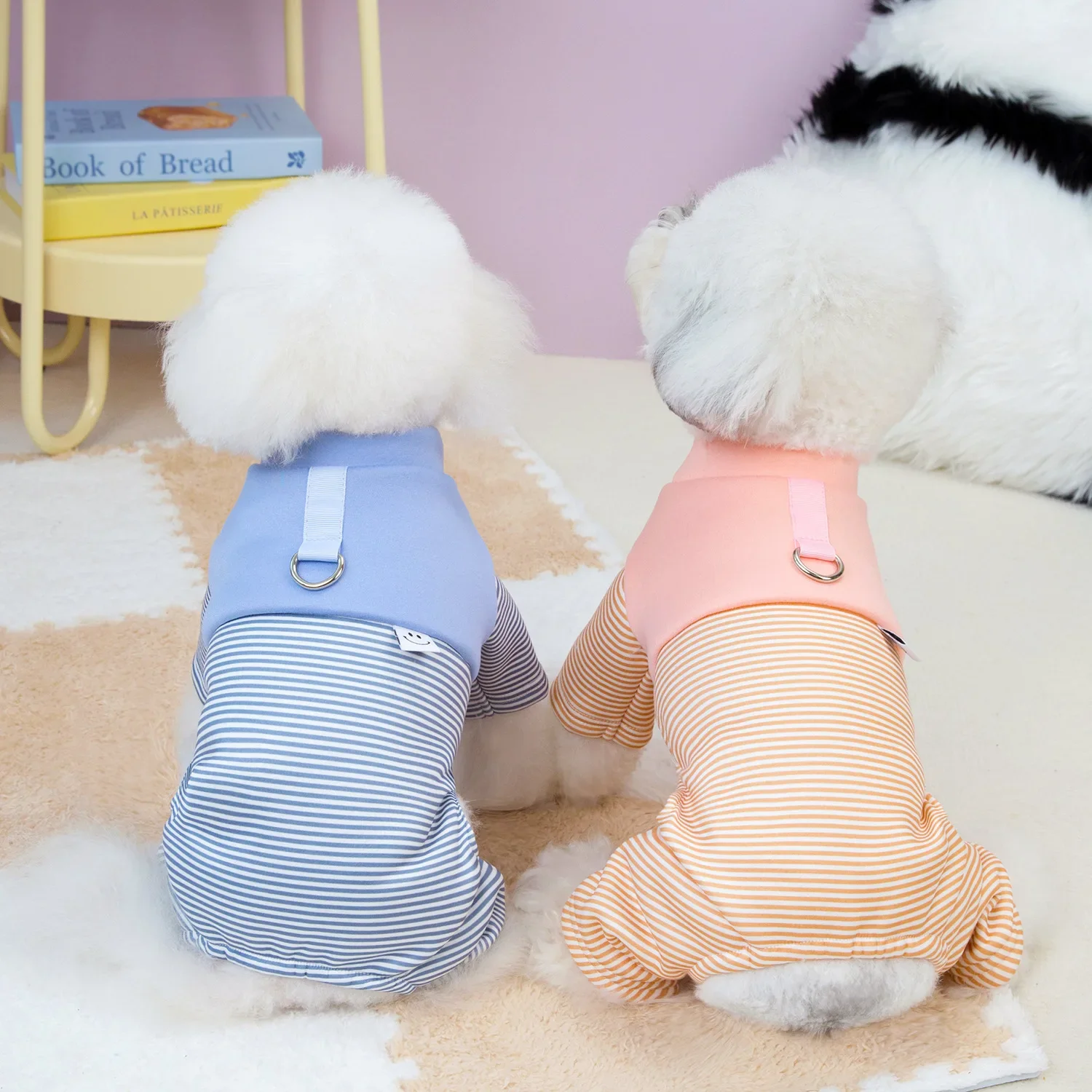 Winter New Pet Clothes Dog Home Clothes Traction Jumpsuit Striped Splicing Cat Clothes Fashion Design Photo Props