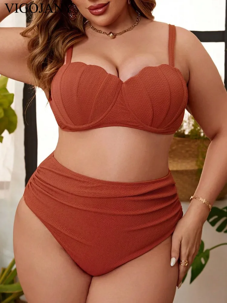 VigoJany 2025 Sexy Solid 2 Piece Plus Size Bikini Set Women Strapped Push Up Large Big Swimsuit High Waist Chubby Strój kąpielowy