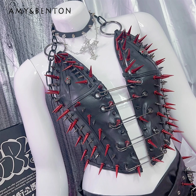 

European American Black Sexy Women's Camisole Punk Gothic New Design Rivet Subculture Y2K Hot Girl PU Leather Sling Vest Ladies