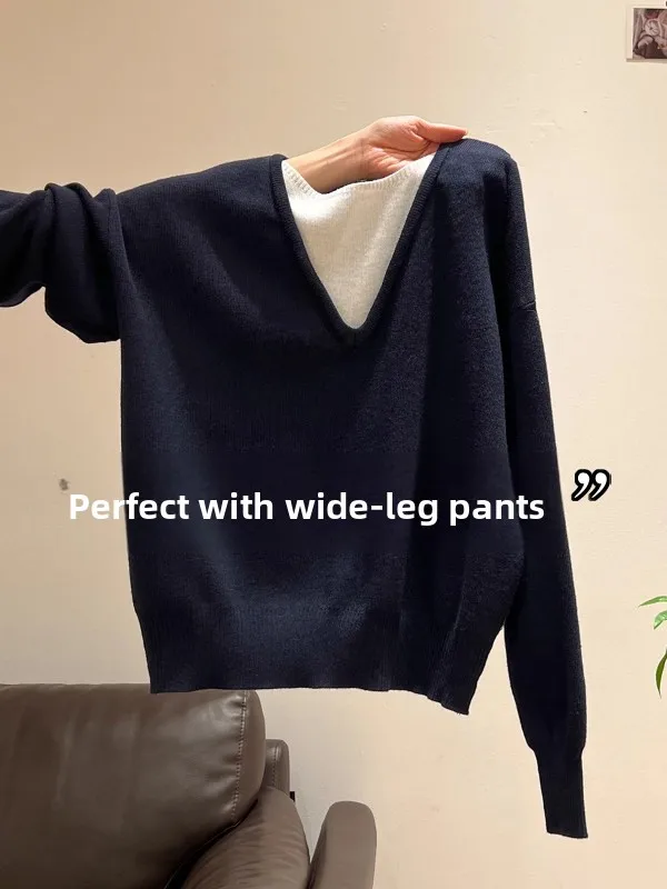 Fashionable V-Neck Long Sleeve Knit Sweater Elegant Ladylike Spring 2026 New ArrivalJEWTEN Korean Style Loose Fit Casual Wear