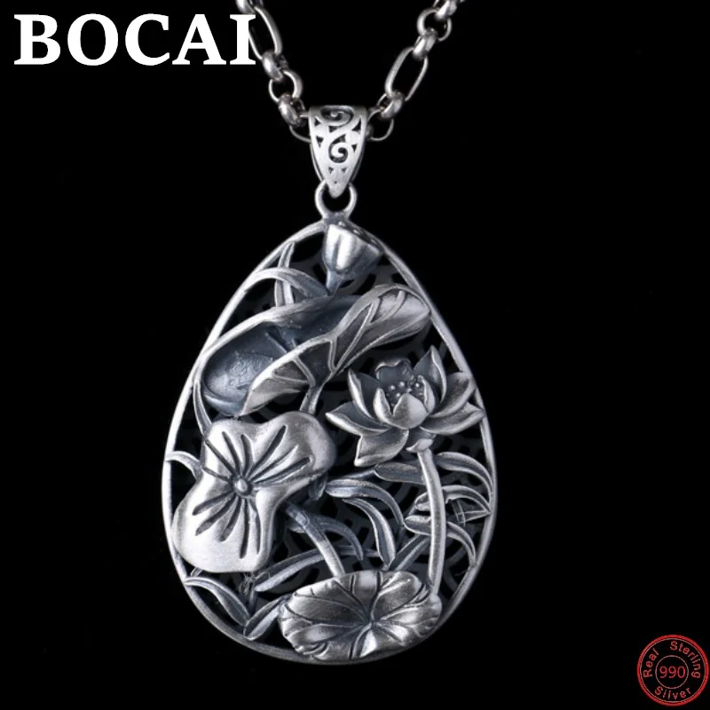 

BOCAI S990 Sterling Silver Pendants for Women Men New Fashion Hollow Lotus Leaf Water-Drop Jewelry Couple Gift Free Shipping