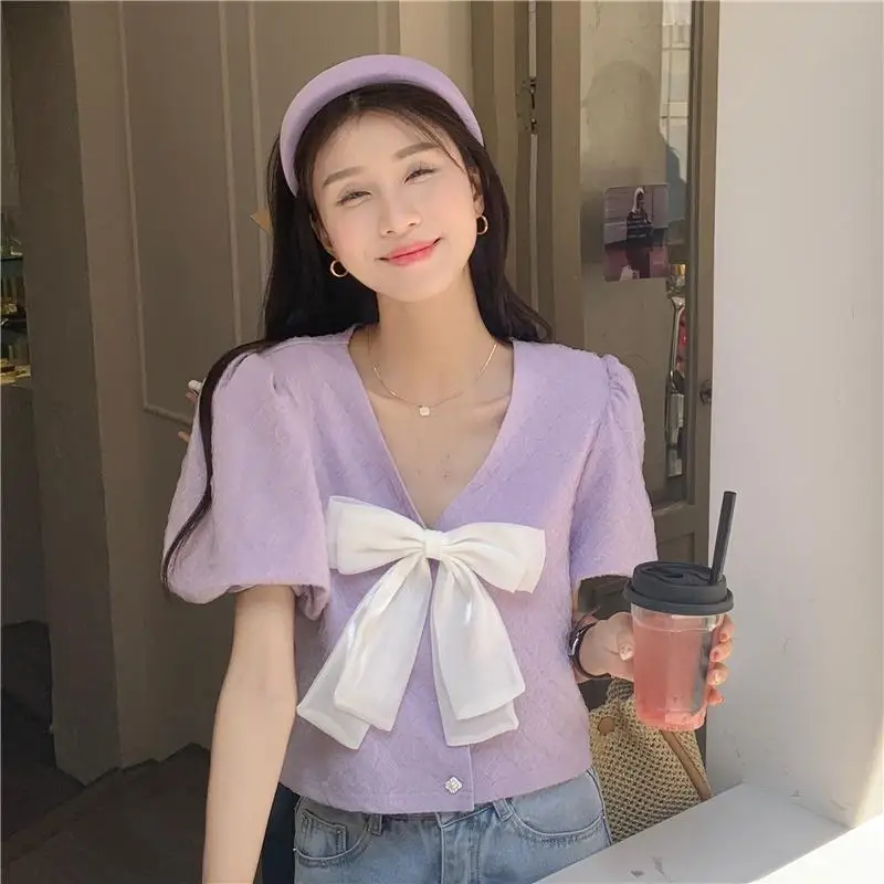 Bow Patchwork V Neck Short Shirt Tops Summer New Short Sleeve Solid Color All-match Korean Blouse Fashion Sweet Women Clothing